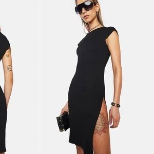 Lioness Black Asymmetrical Cap-Sleeve Side-Slit Dress